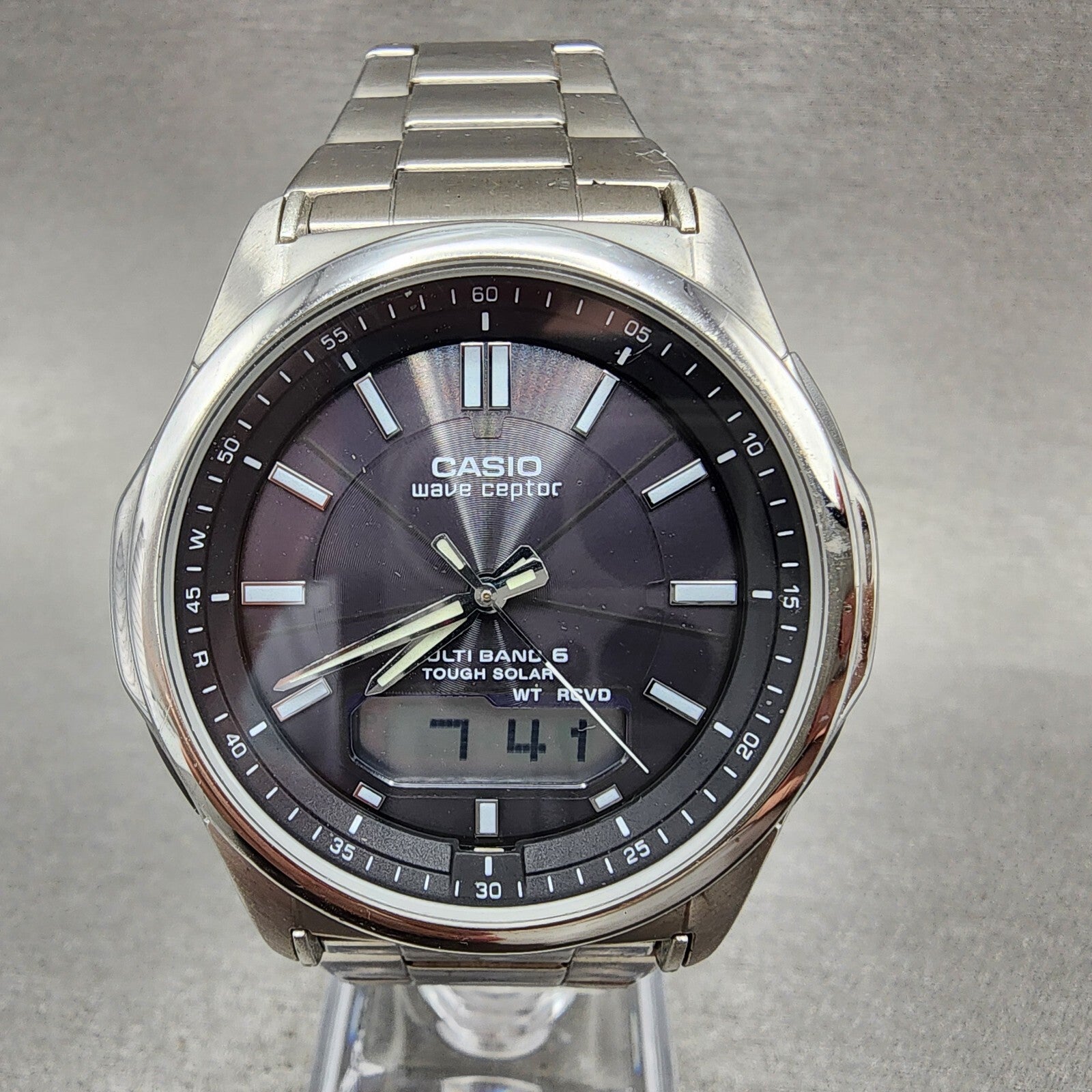 Casio Wave Ceptor Watch Men 42mm Black Dial Steel Solar Analog Digital Works0