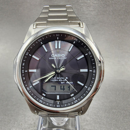 Casio Wave Ceptor Watch Men 42mm Black Dial Steel Solar Analog Digital Works0
