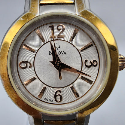 Bulova Watch Women Two Tone Silver Dial 27mm Round 98L153 New Battery 6"