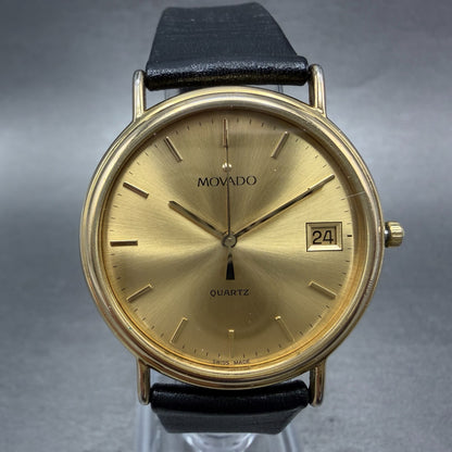 Movado Watch Men 34mm Gold Dial Gold Tone Date Round 87-A4-885 Leather New Batt0