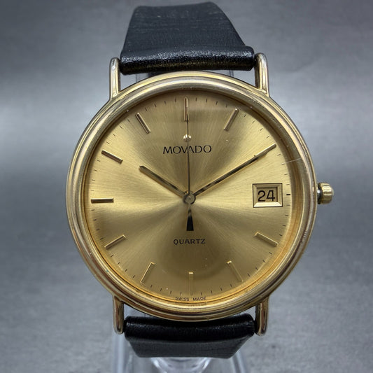 Movado Watch Men 34mm Gold Dial Gold Tone Date Round 87-A4-885 Leather New Batt0