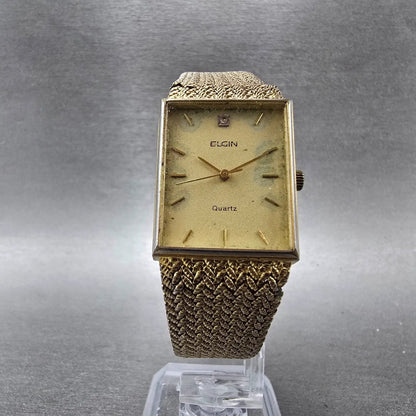 Elgin Tank Watch Men 23mm Champagne Dial Gold Rectangle Mesh Band New battery5
