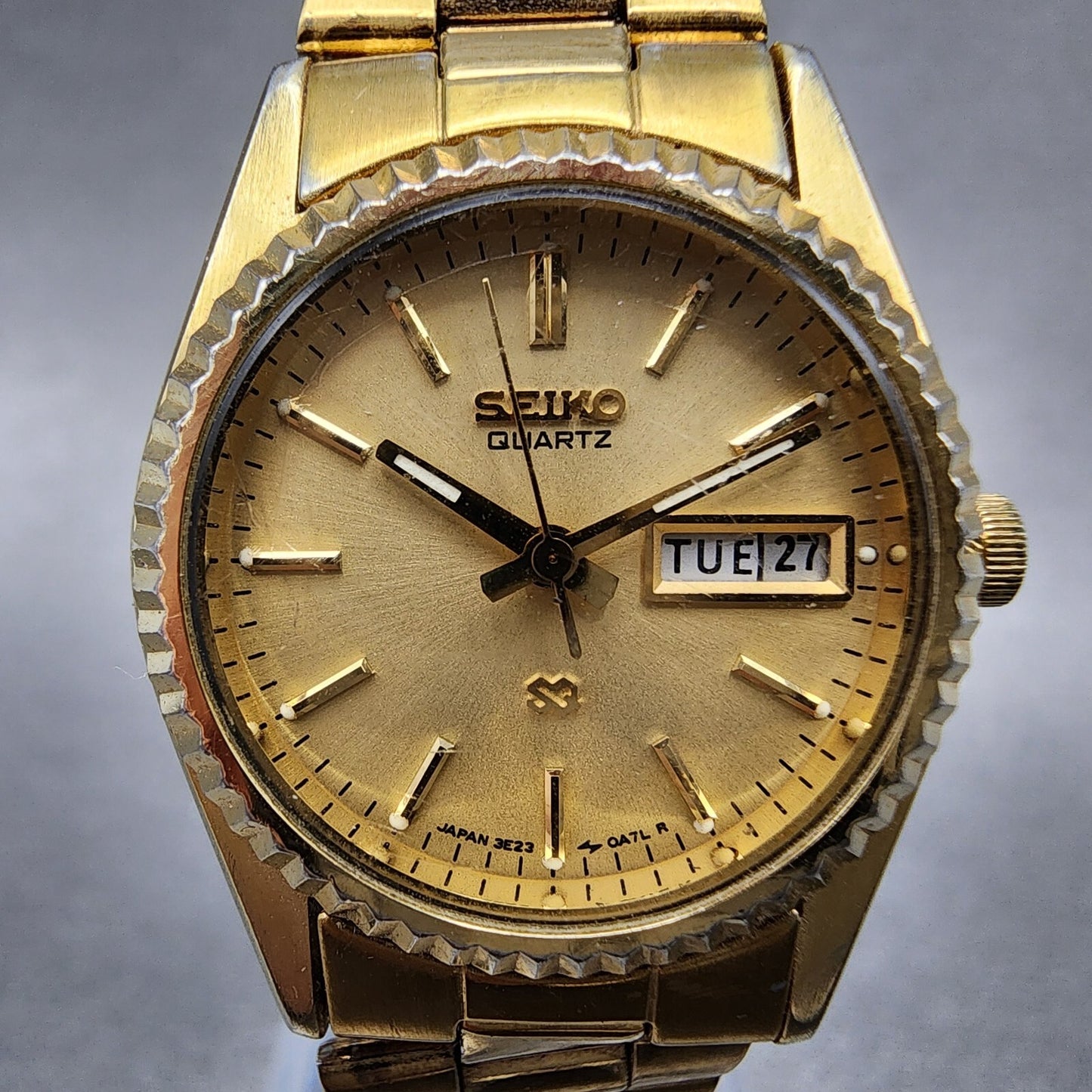 Seiko SQ Watch Women 24mm Gold Dial Gold Tone Daydate 24mm Round New Battery ABC1