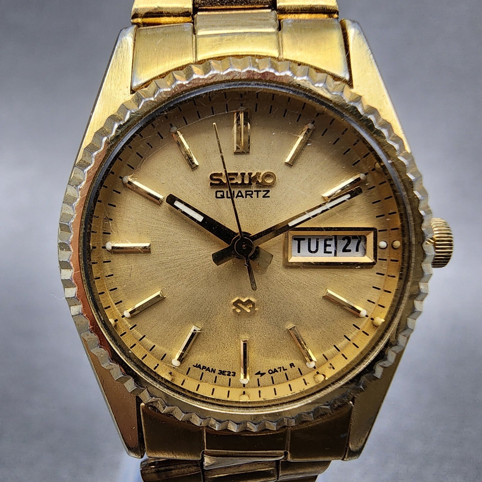 Seiko SQ Watch Women 24mm Gold Dial Gold Tone Daydate 24mm Round New Battery ABC1