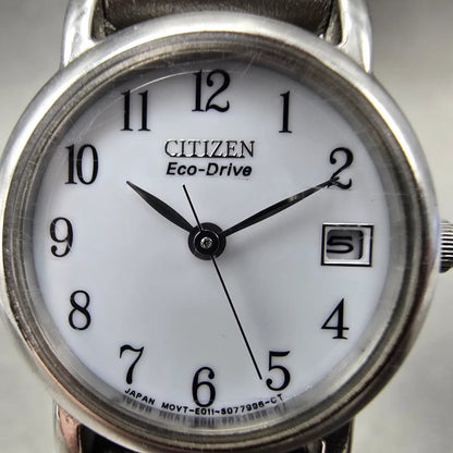 Citizen Eco-Drive Watch Women 23mm White Dial Silver Tone Date E011-S049415 Runs1