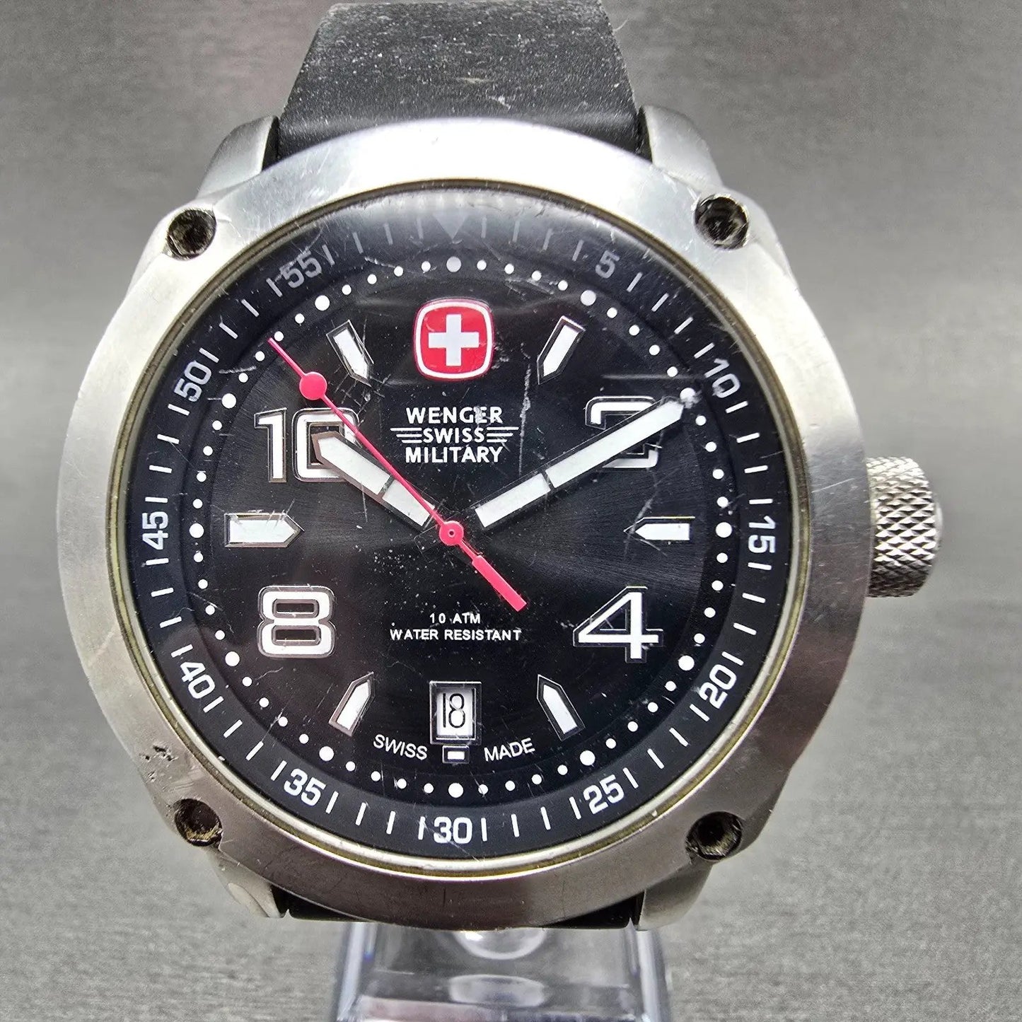 Wenger Swiss Military Watch Men 44mm Black Dial Silver Tone Date 79375 New Batt0