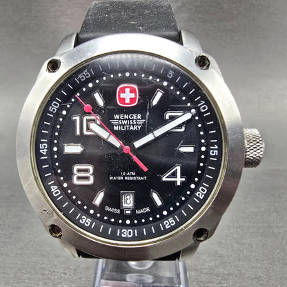 Wenger Swiss Military Watch Men 44mm Black Dial Silver Tone Date 79375 New Batt0