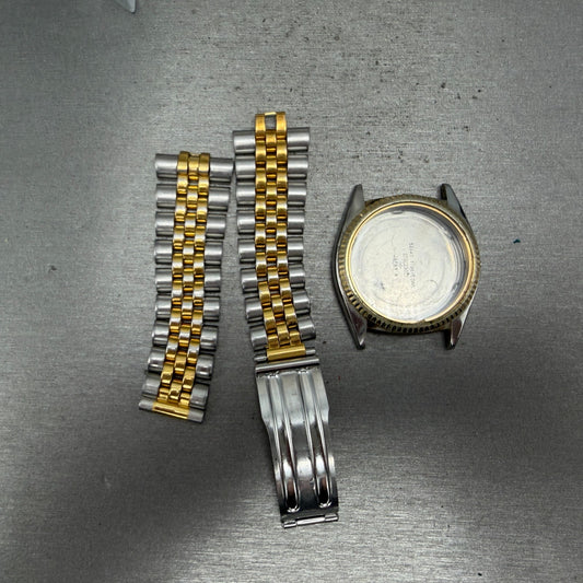 Seiko 5Y23-8A69 Watch Case W/Bracelet Silver Tone Gold Bezel Round 36mm Vintage0
