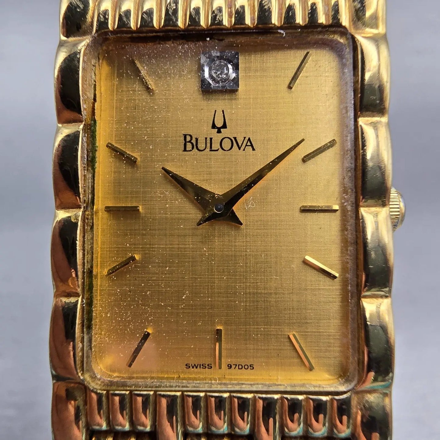 Bulova Watch Men 23mm Gold Dial Gold Tone Diamond Rectangle 97D05 New Battery1