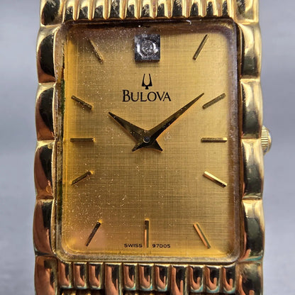 Bulova Watch Men 23mm Gold Dial Gold Tone Diamond Rectangle 97D05 New Battery1
