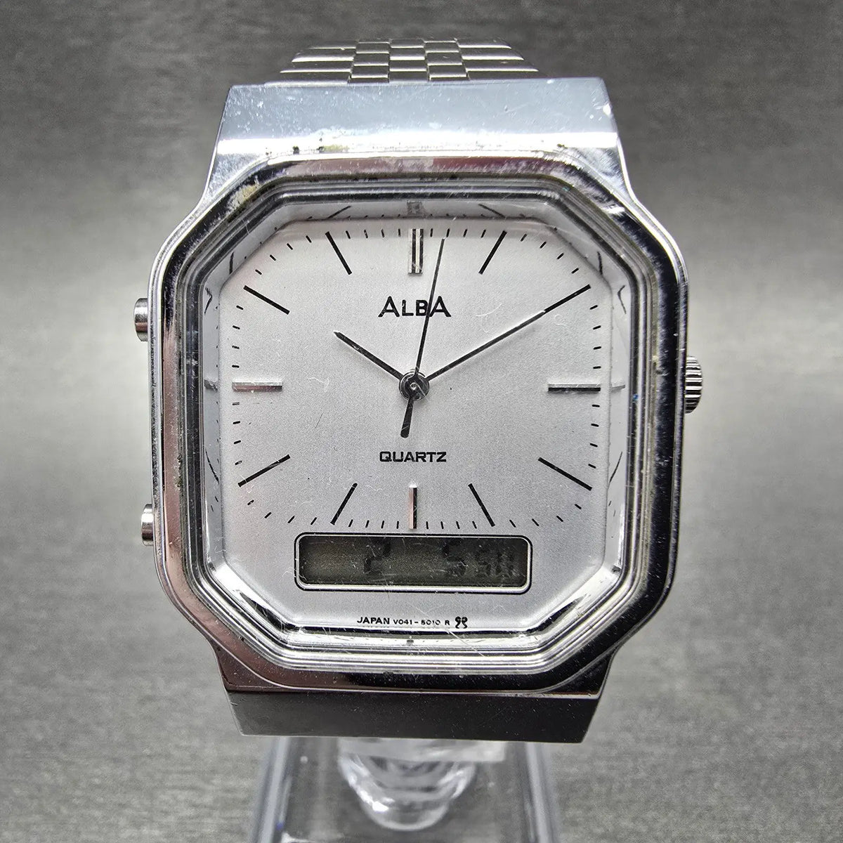 Seiko Alba Analog Digital Watch Men 32mm White Dial Silver Alarm Chrono READ!!!!0