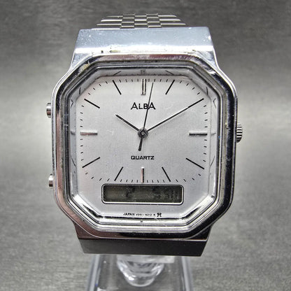 Seiko Alba Analog Digital Watch Men 32mm White Dial Silver Alarm Chrono READ!!!!0