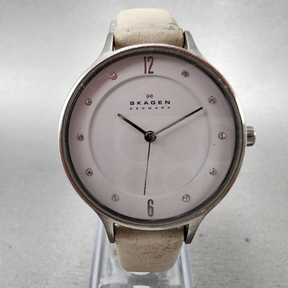 Skagen Watch Women 30mm White Dial Steel Round Leather Band SKW2145 New Battery