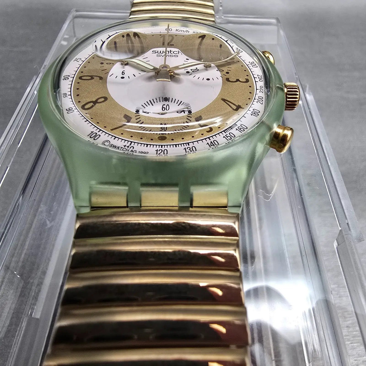Swatch Chrono Golden Globe Watch Men 37mm Gold Dial Green Case SCG100 NewBat NOS6
