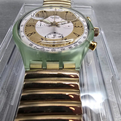 Swatch Chrono Golden Globe Watch Men 37mm Gold Dial Green Case SCG100 NewBat NOS6