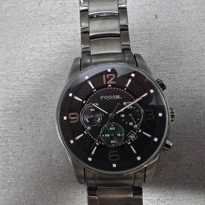 Fossil Chronograph Watch Men 49mm Black Dial Black Tone Date Round FS4446 PARTS0