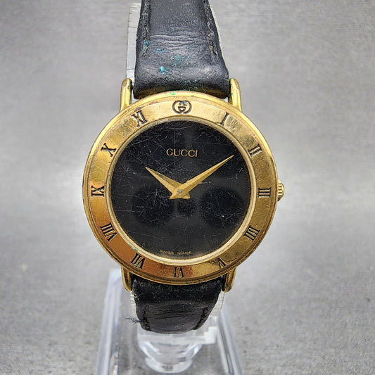 Gucci 3000L Watch Women 26mm Black Dial Gold Plated Round New Battery VTG0