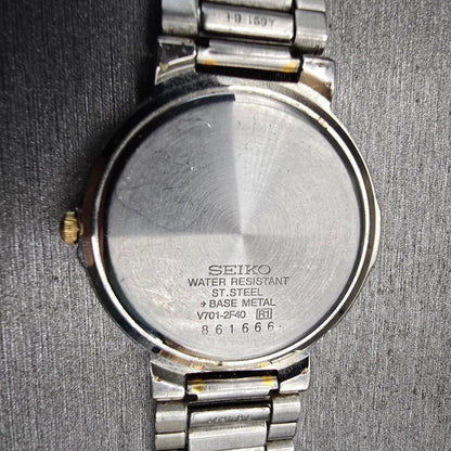 Seiko Watch Men 34mm Silver Dial Two Tone Round V701-2F40 New Battery Vintage10