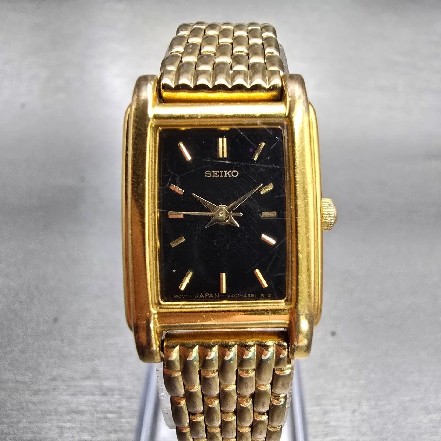 Seiko Watch Women 18mm Black Dial Gold Tone Rectangle V401-5650 New Battery VTG0