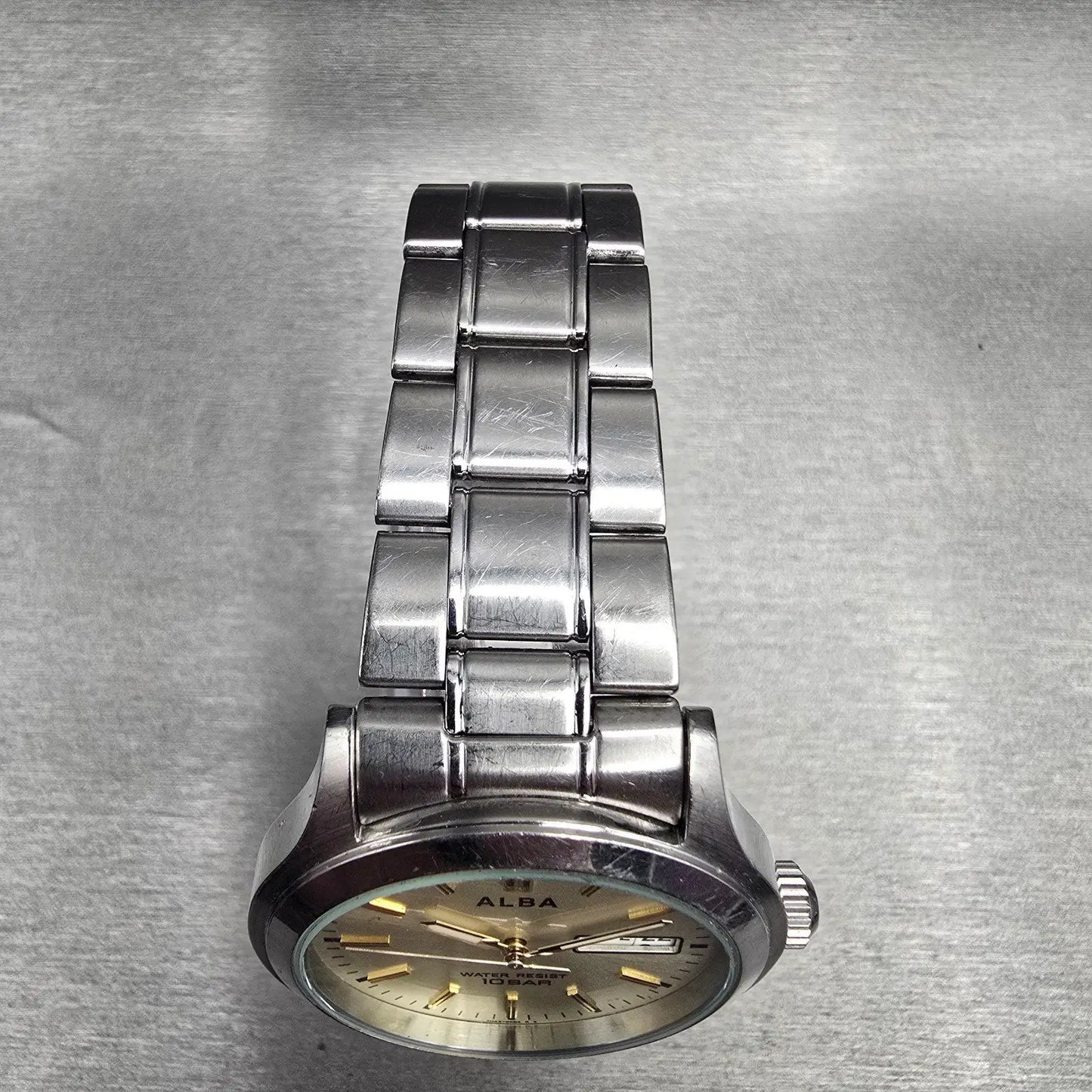 Seiko Alba Watch Men 38mm Champagne Dial Silver Tone Daydate 7N43-0BA0 New BattJ4