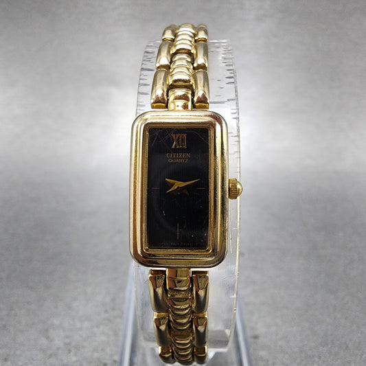 Citizen Tank Watch Women 13mm Black Dial Gold Tone Rectangle New Battery0