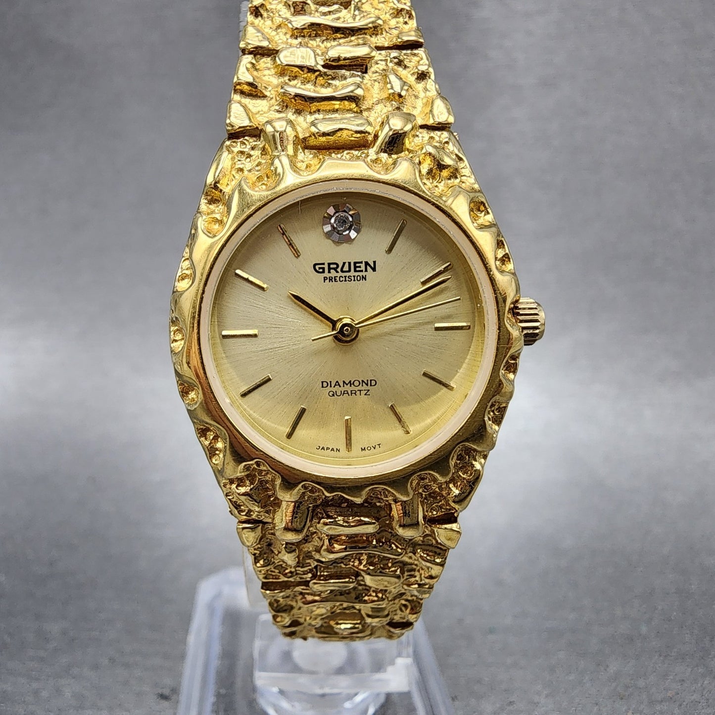 Gruen Watch Women 25mm Champagne Dial Gold Nugget Case Tone New Battery VTG0