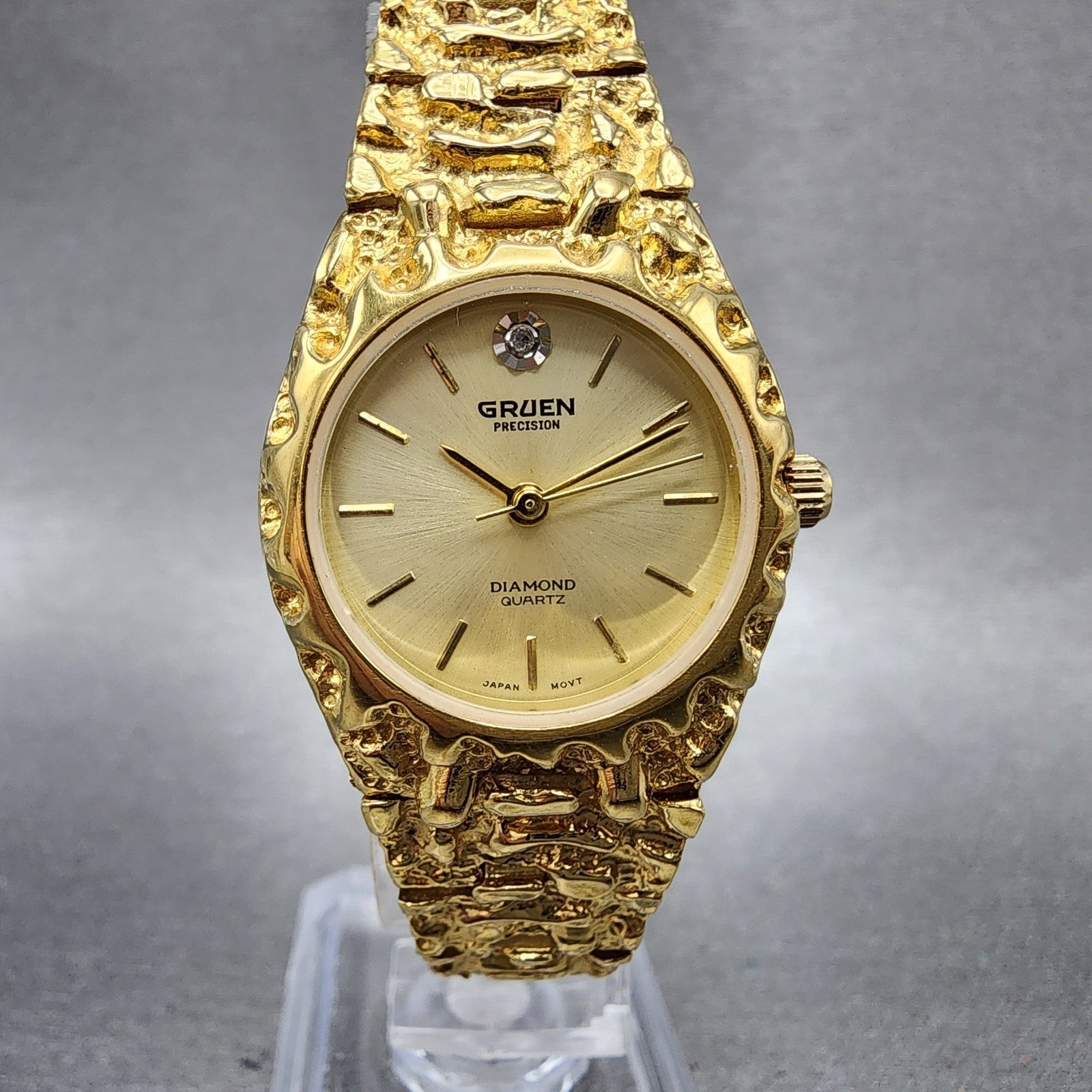 Gruen Watch Women 25mm Champagne Dial Gold Nugget Case Tone New Battery VTG0