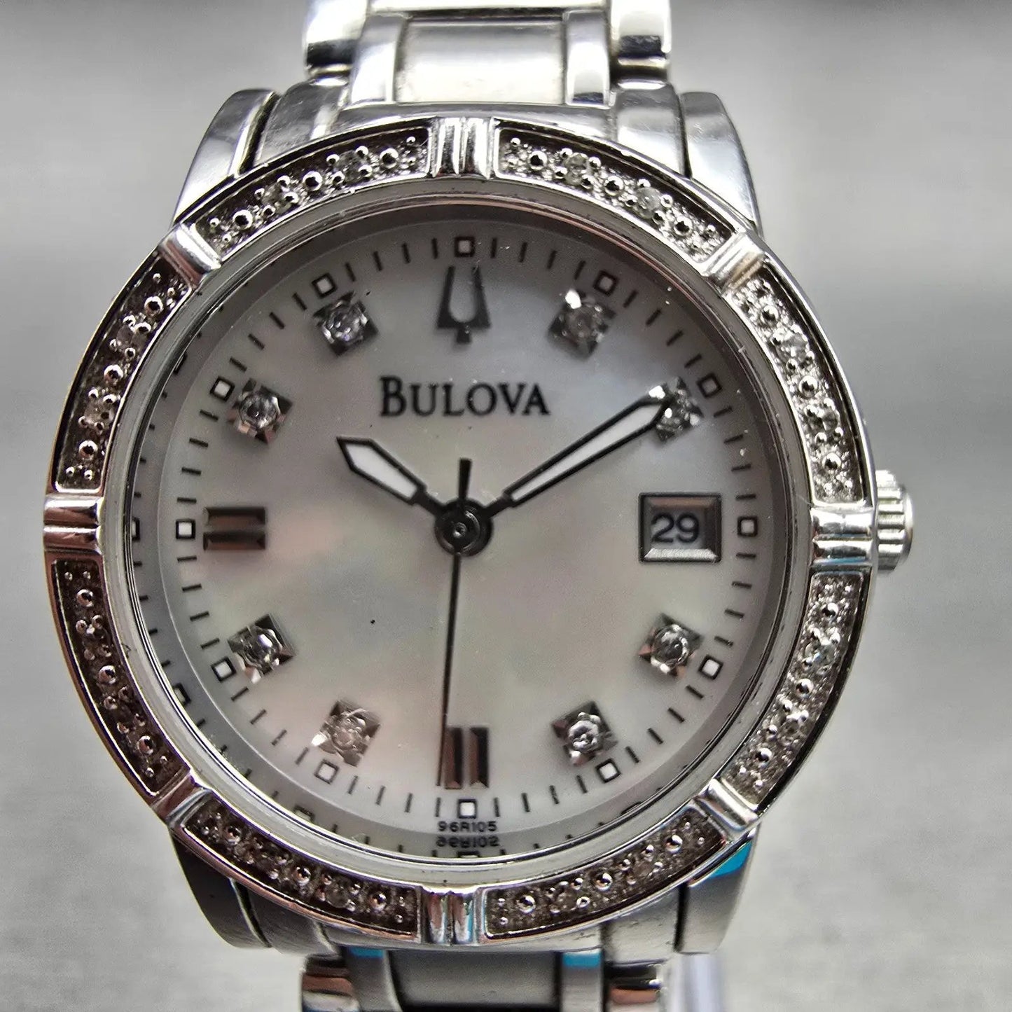 Bulova Watch Women 26mm MOP Dial Silver Tone Gemmed Date Round 96R105 New Batt1
