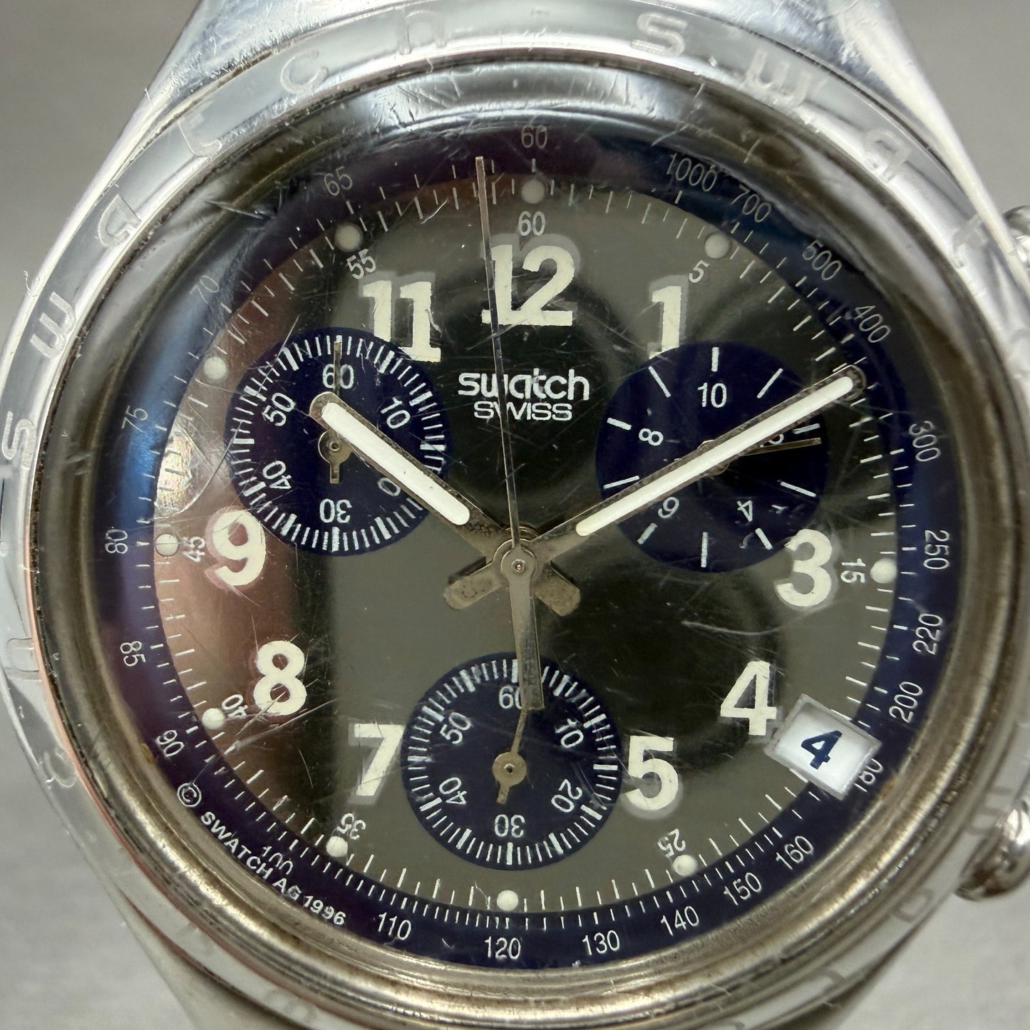 Swatch irony Chrono Secret Agent Watch Men 40mm Blue Dial Steel Date New Batt1
