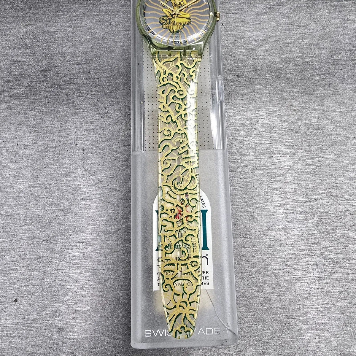 Swatch Tai Sun Watch Men 34mm Silver Dial Green Case GG133 New Battery NOS3
