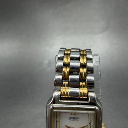 Seiko Tank Watch Women 18mm White Dial Two Tone Rectangle V401-5129 New Batt SQL4