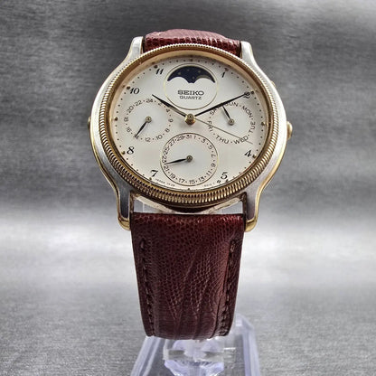 Seiko Moon Phase Watch Men 34mm Ivory Dial Two Tone Daydate 7F39-6029 New Batt5