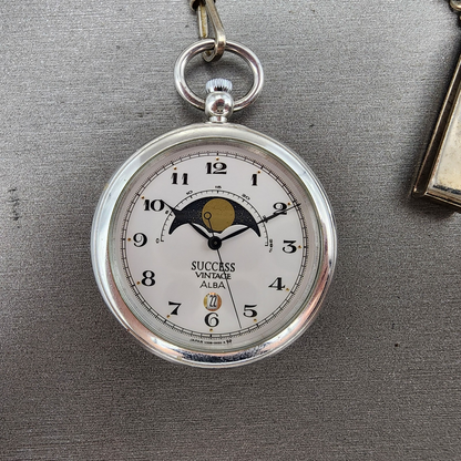 ALBA Success Pocket Watch Men 40mm White Dial Steel Moonphase Date New Battery
