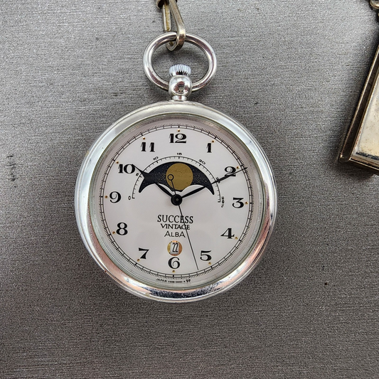 ALBA Success Pocket Watch Men 40mm White Dial Steel Moonphase Date New Battery