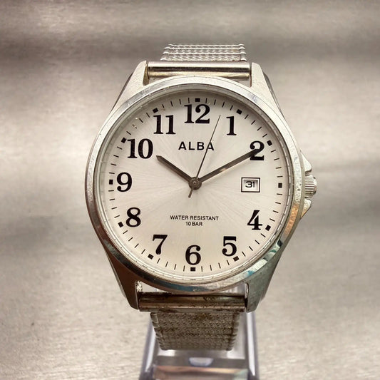 Seiko Alba Watch Men 37mm Silver Dial Silver Tone Date Round VX32-K007 New Batt0