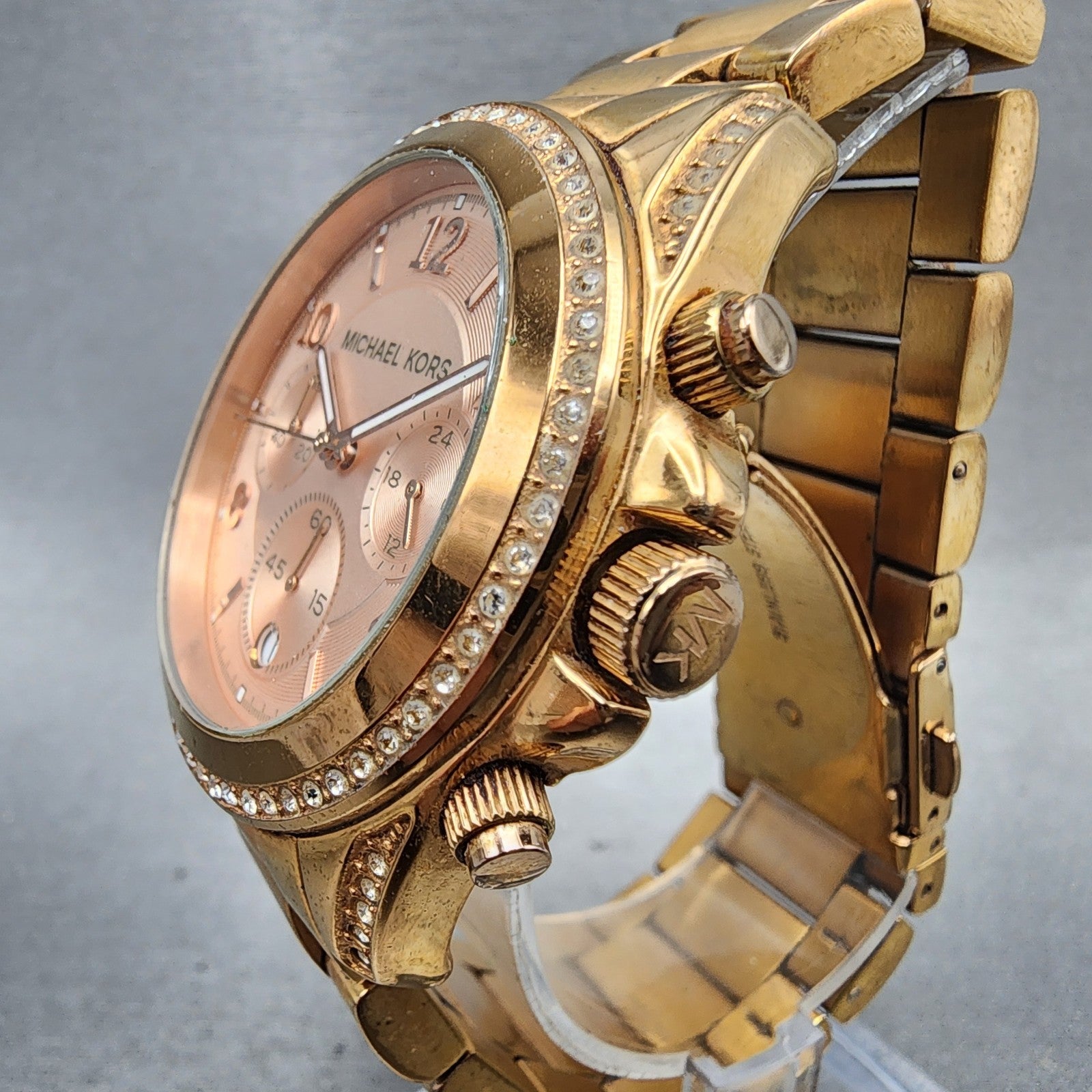 Michael Kors Blair Chronograph Watch Women 40mm Rose Dial Gold Tone Date New Bat2