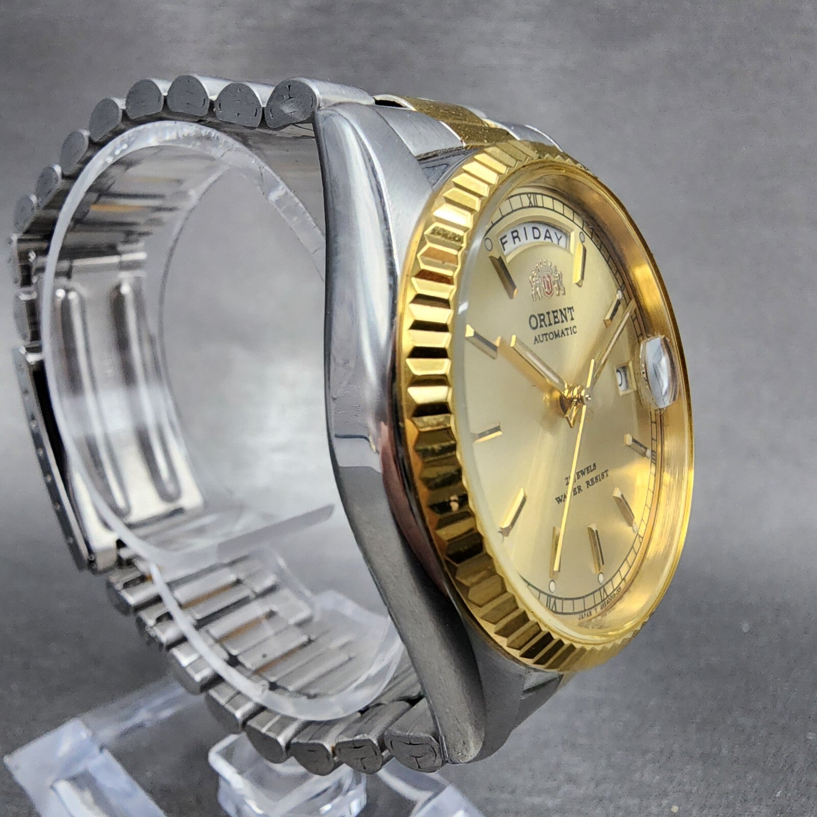 Orient President Watch Men 36mm Gold Dial Two Tone Daydate Automatic Works3