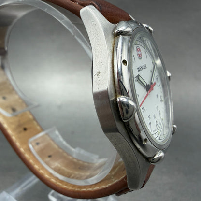 Wenger Watch Men 35mm White Dial Steel Date Round Leather Band 7010X New Battery3