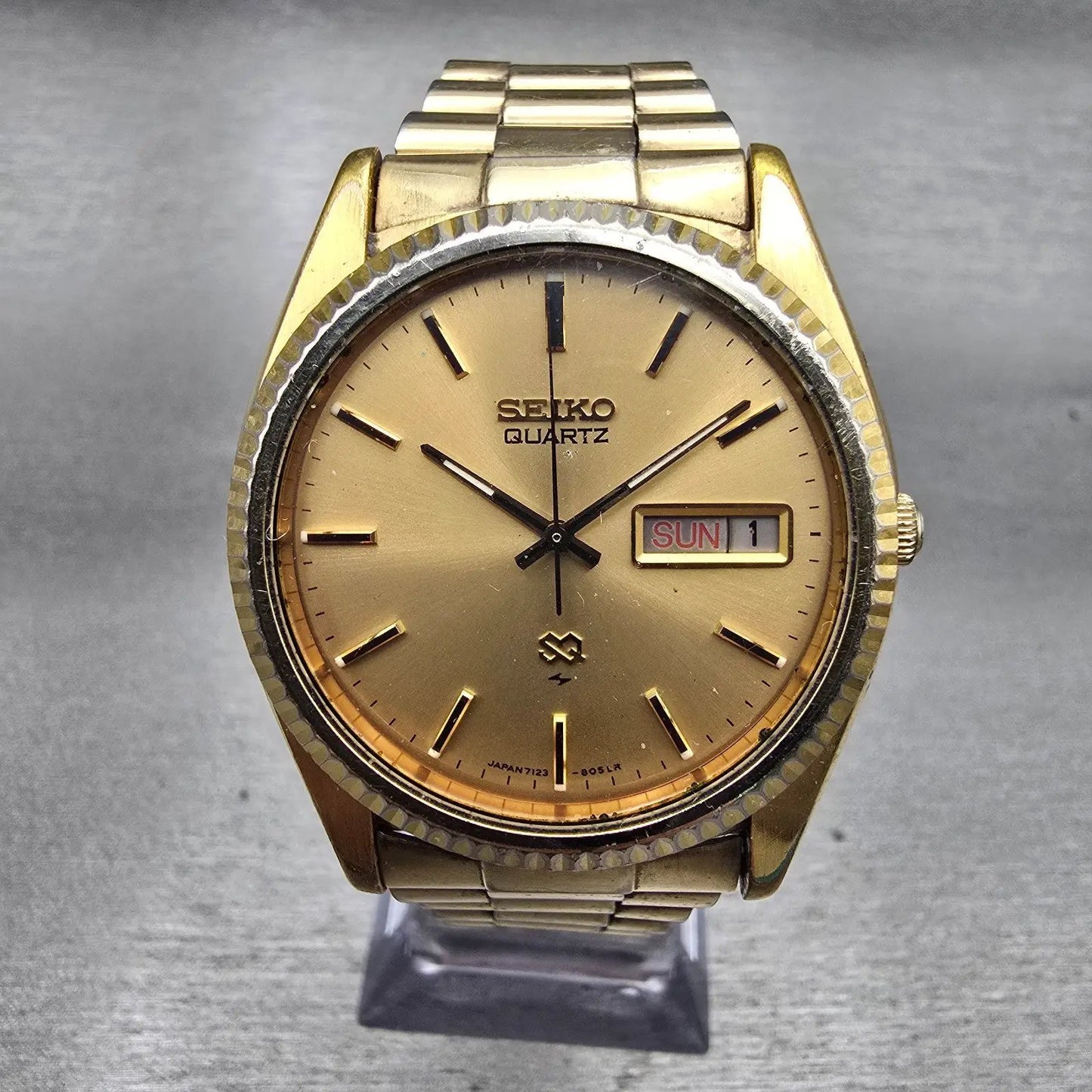 Seiko SQ President Watch Men 36mm Gold Dial Gold Tone Daydate 7123-8059 New Batt0