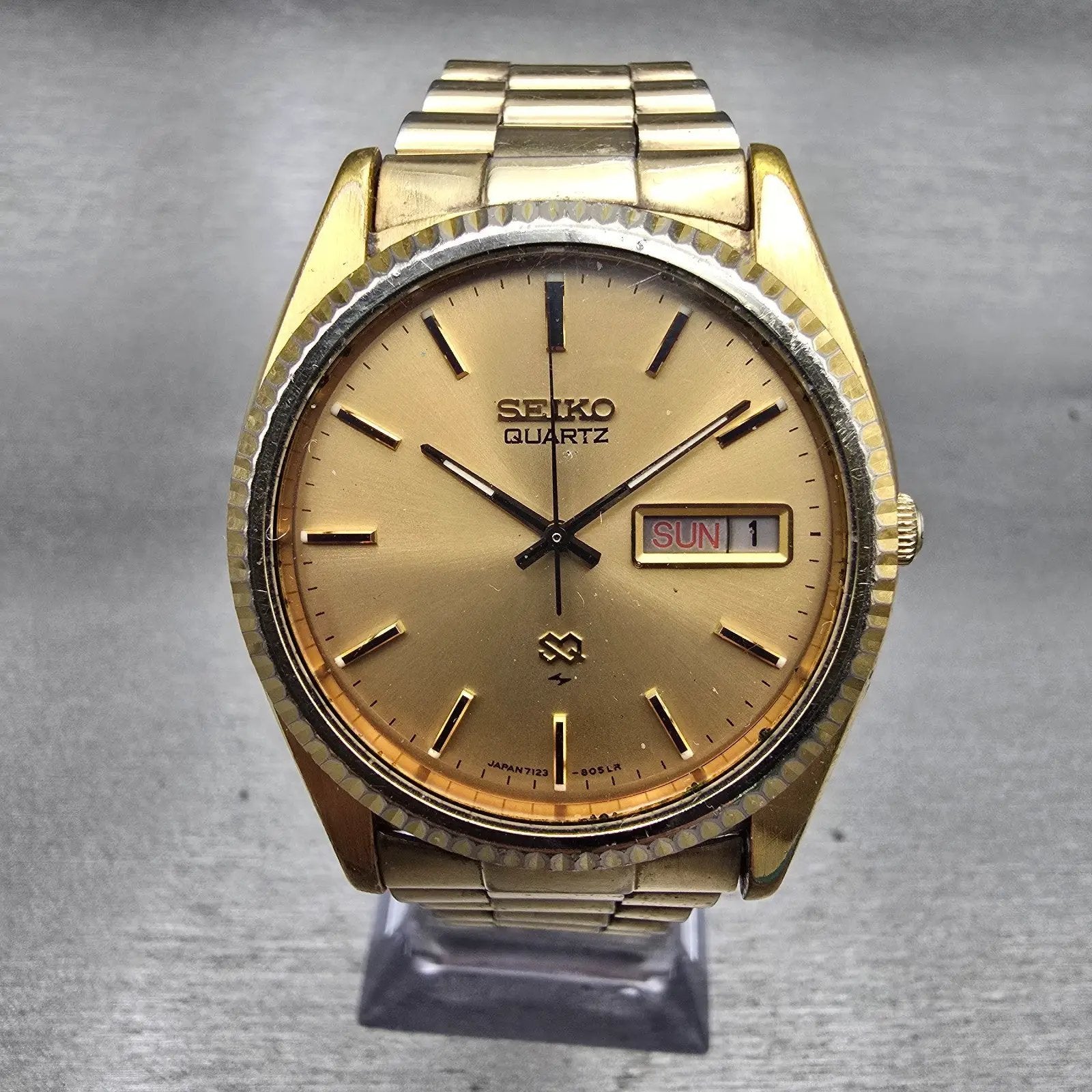 Seiko SQ President Watch Men 36mm Gold Dial Gold Tone Daydate 7123-8059 New Batt0