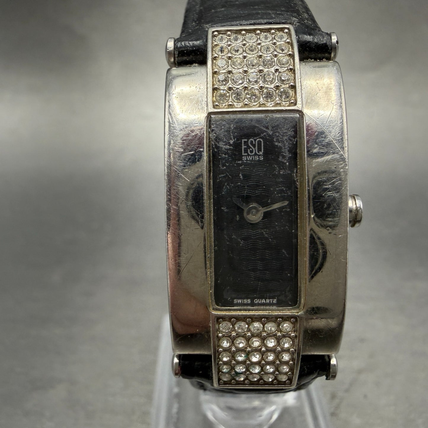 ESQ Tank Watch Women 17mm Black Dial Silver Tone Rectangle Crystals New BatteryA0