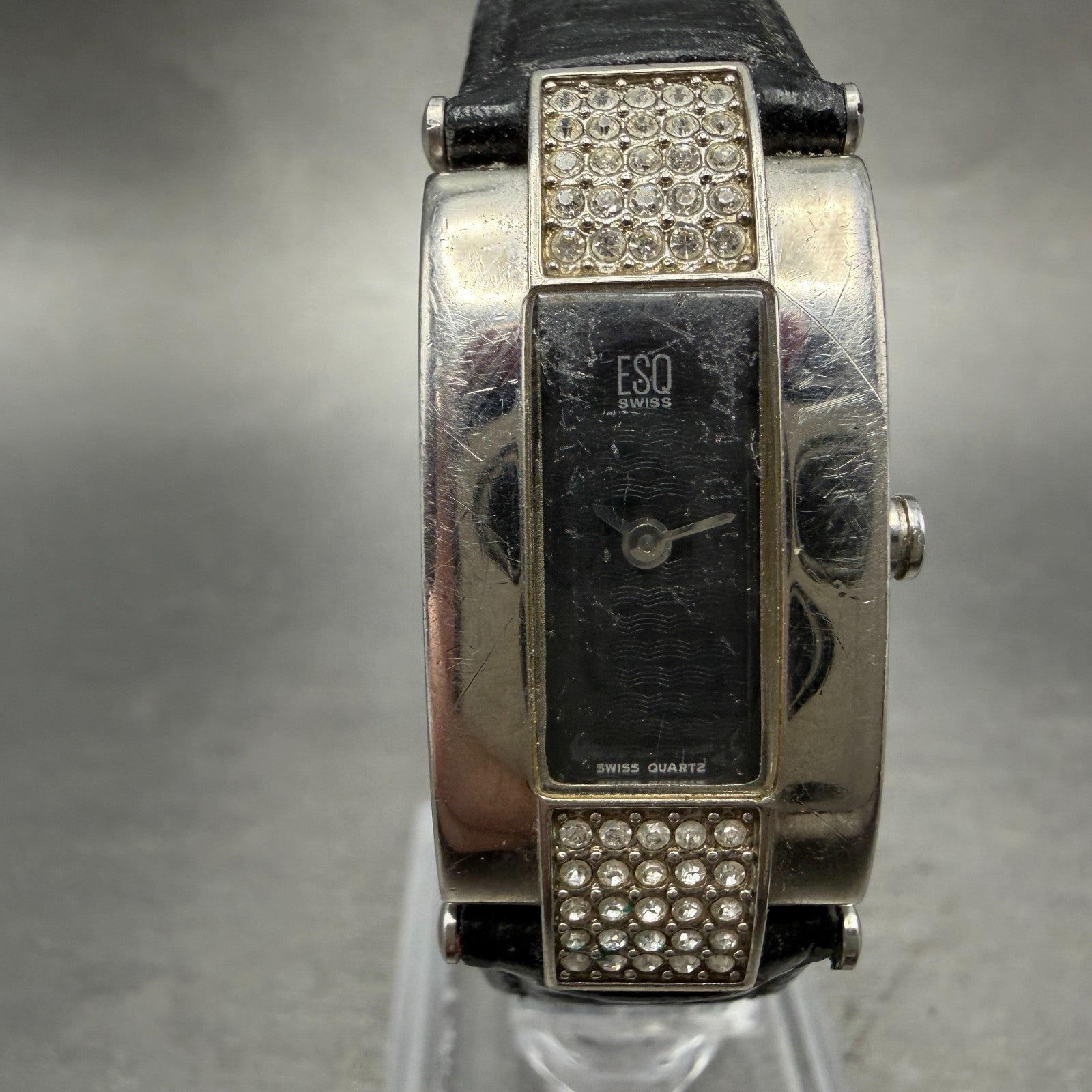 ESQ Tank Watch Women 17mm Black Dial Silver Tone Rectangle Crystals New BatteryA0