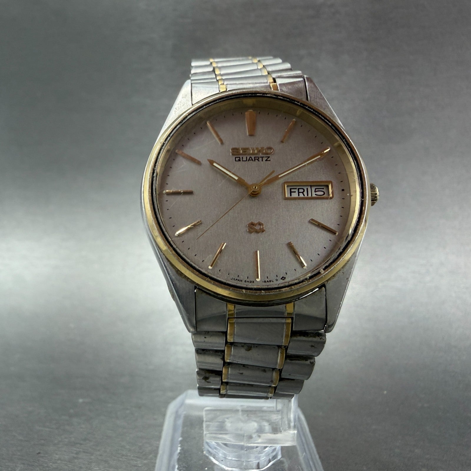 Seiko SQ Watch Men 34mm Silver Dial Two Tone Daydate 5H23-8a09 New Battery KJH75