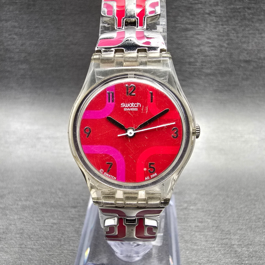 Swatch Vida Circular Watch Women 25mm Red Dial Clear Case CK244G New Battery0