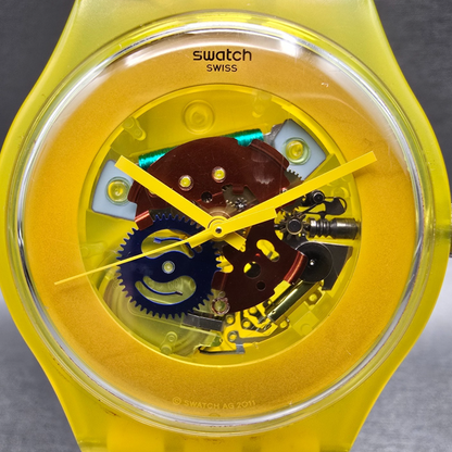 Swatch Yellow Laquered Watch Men 41mm Skeleton Dial Round SUOJ100 New Battery1