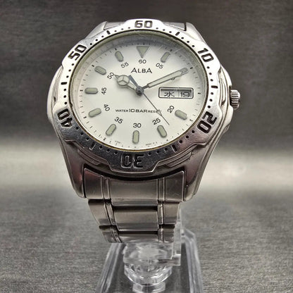 Seiko Alba Watch Men 41mm White Dial Silver Tone Daydate Round V743-8B60 New Bat5