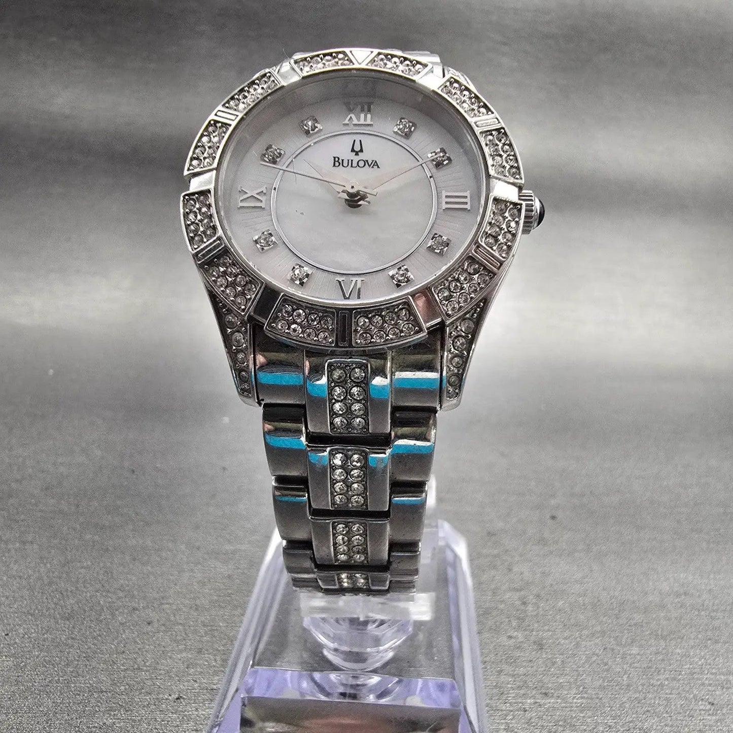 Bulova Watch Women 30mm MOP Dial Silver Tone Gemmed Round 96L116 New Battery F5