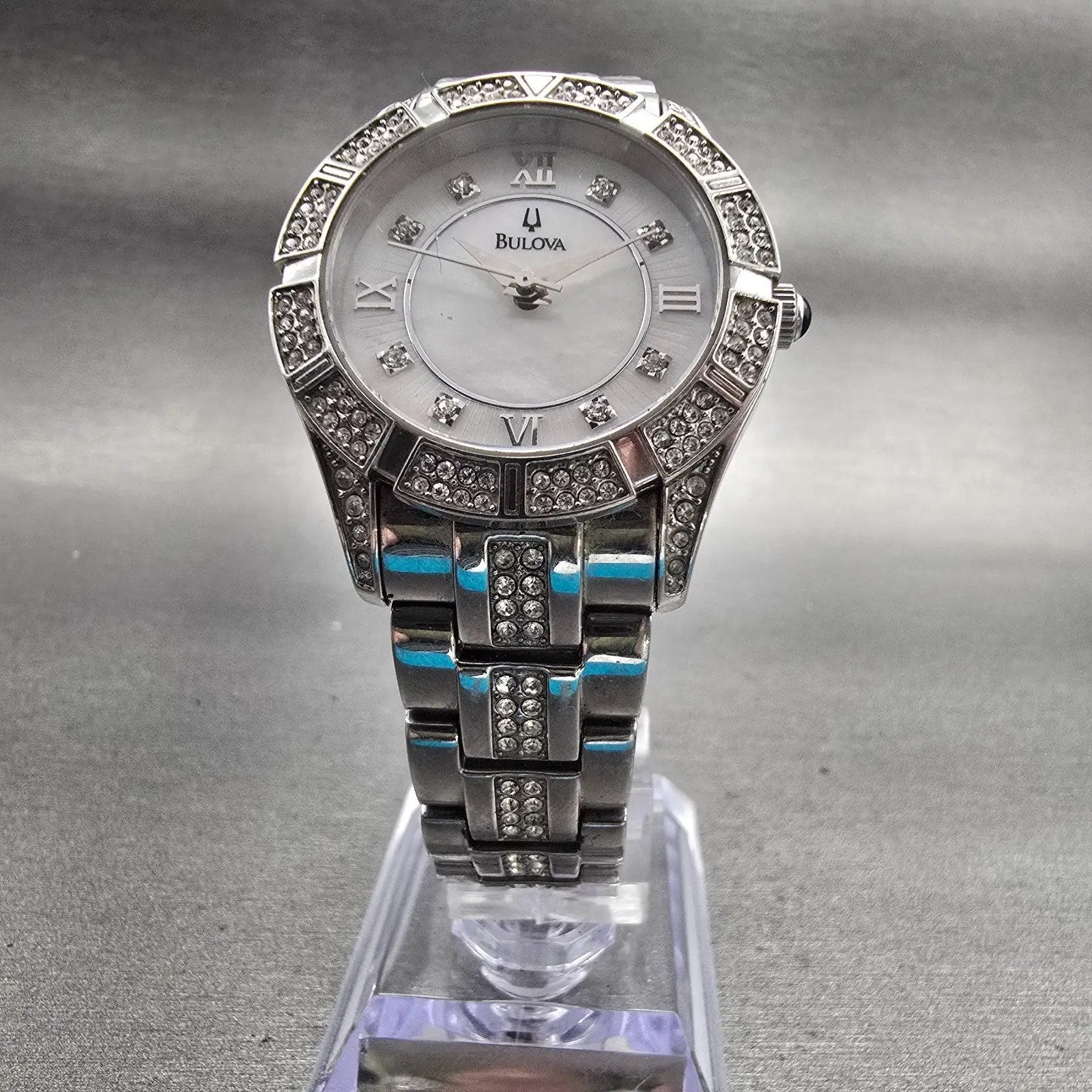 Bulova Watch Women 30mm MOP Dial Silver Tone Gemmed Round 96L116 New Battery F5