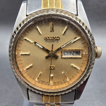 Seiko SQ Watch Women 24mm Gold Dial Two Tone Daydate Round 3E23-0A69 New Batt 1K1