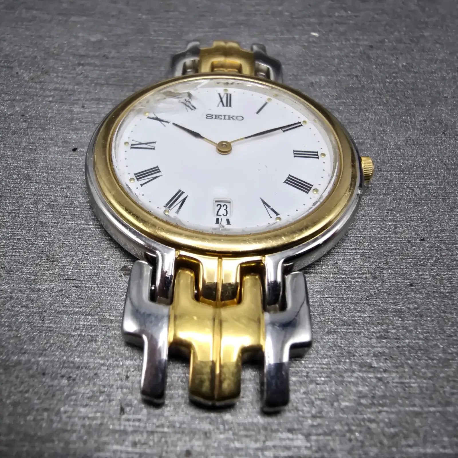 Seiko Watch Men 34mm White Dial Two Tone Date Round READ!! 7N39-7029 New Battery2